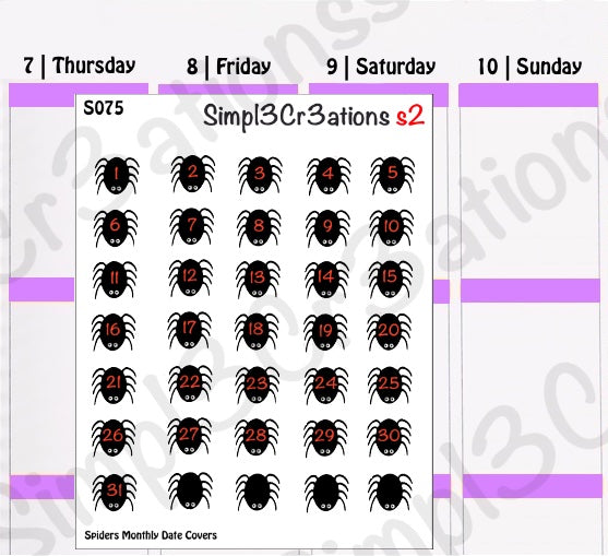 S075 | Spiders Monthly Date Covers Sticker Sheet (4337137352773)