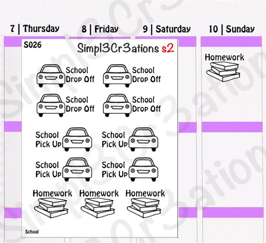 S026 | School Drop Off, Pick Up and Homework Sticker Sheet (1388185288751)